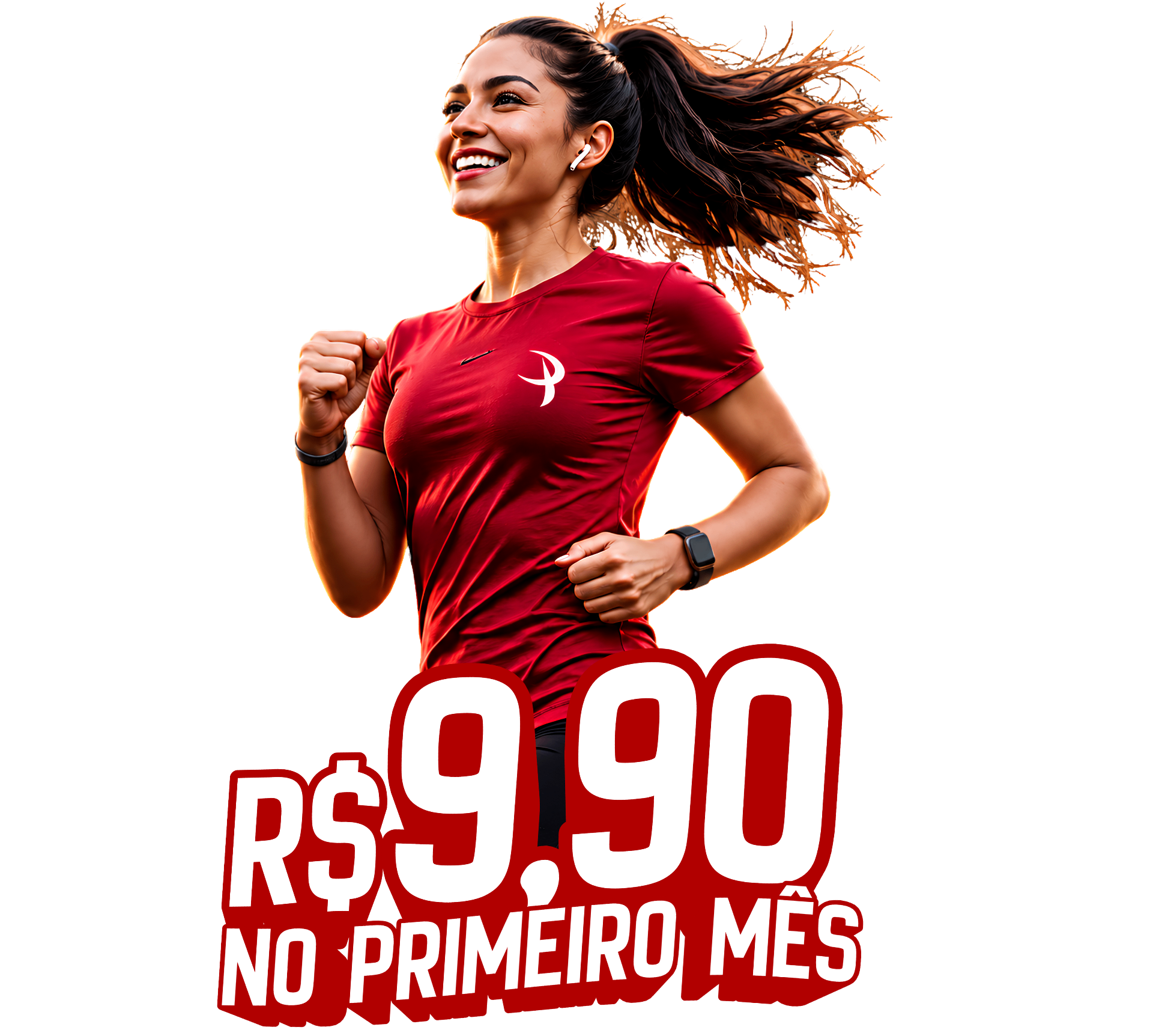 Mulher correndo com camisa vermelha Pratique e selo R$9,90 no primeiro mês